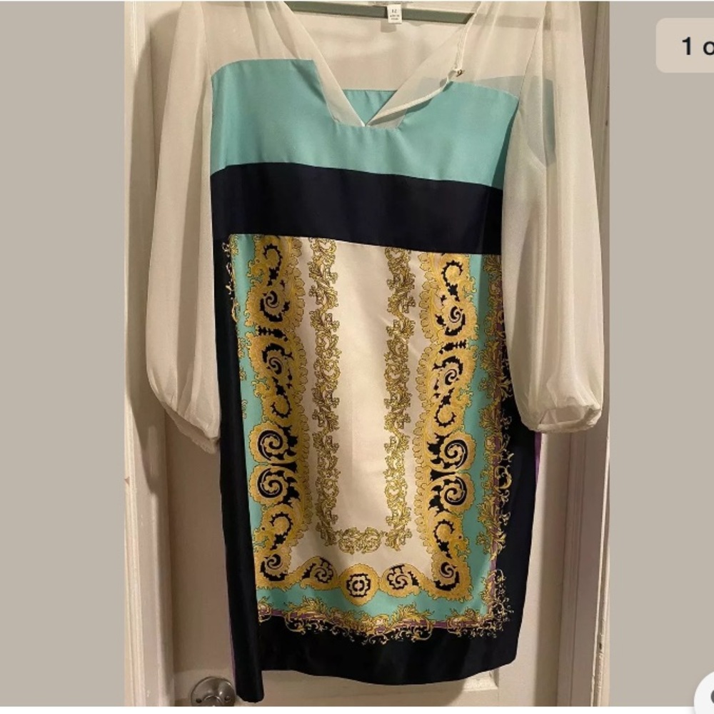 Dana Morgan White Blue Purple Design Dress Size 12